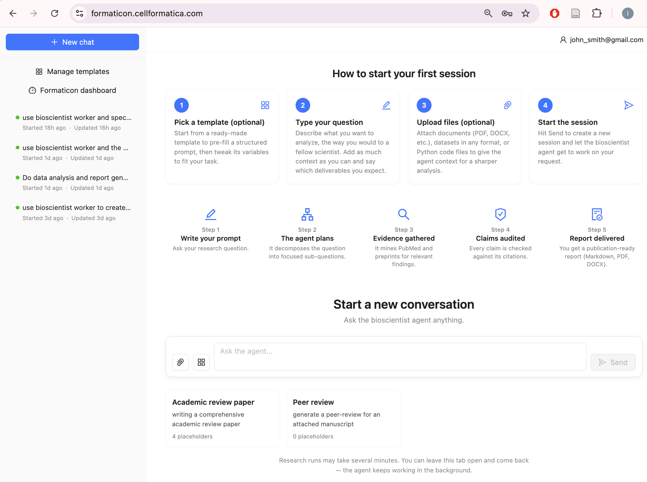 The conversational agent interface showing the session start guide and prompt input.