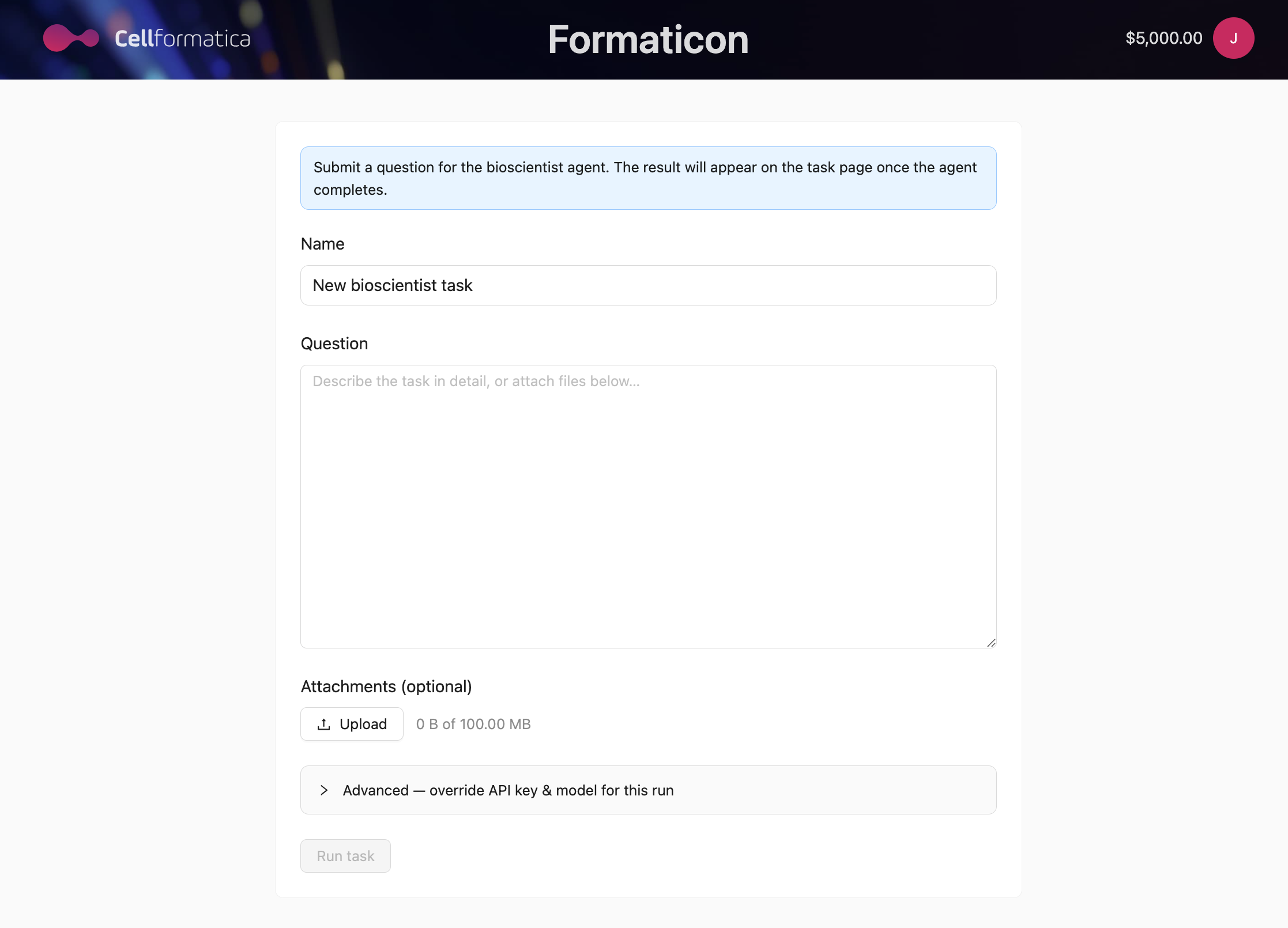 The form based submission of AI scientist tasks.