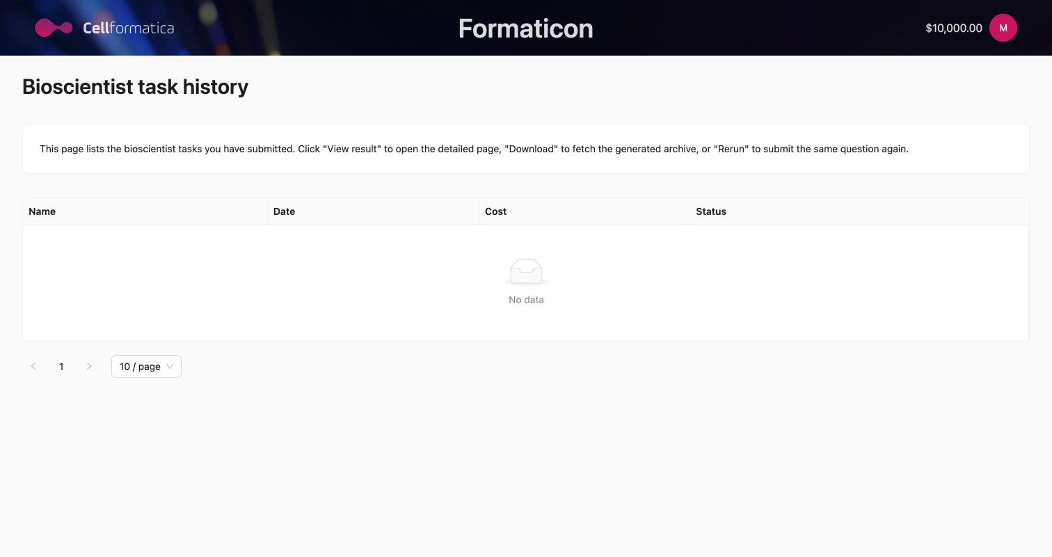 The Bioscientist Task submission form for configuring a research task.