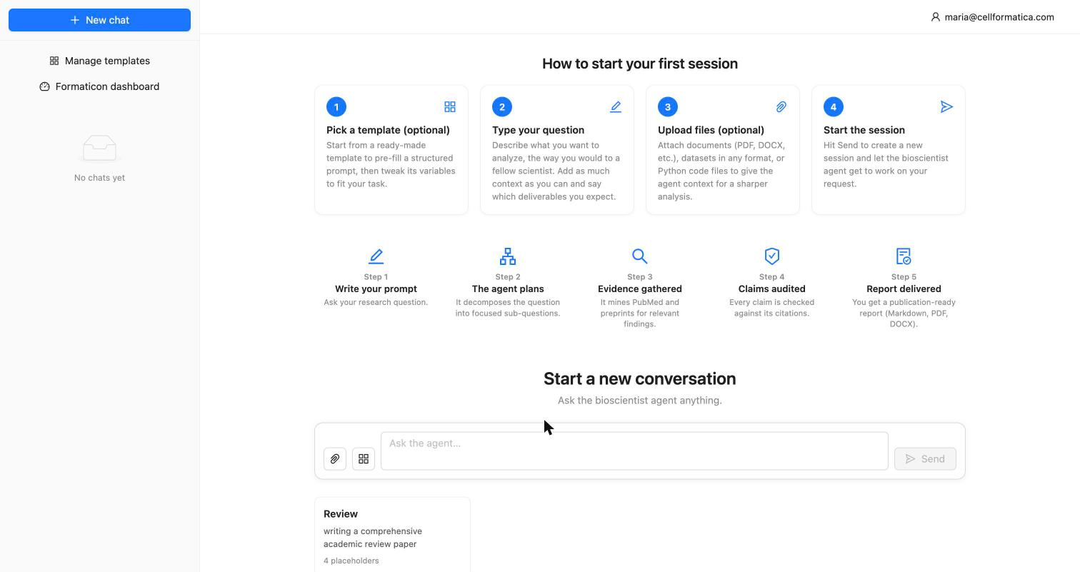 The Formaticon dashboard showing the three workflow entry points and the AI assistant.