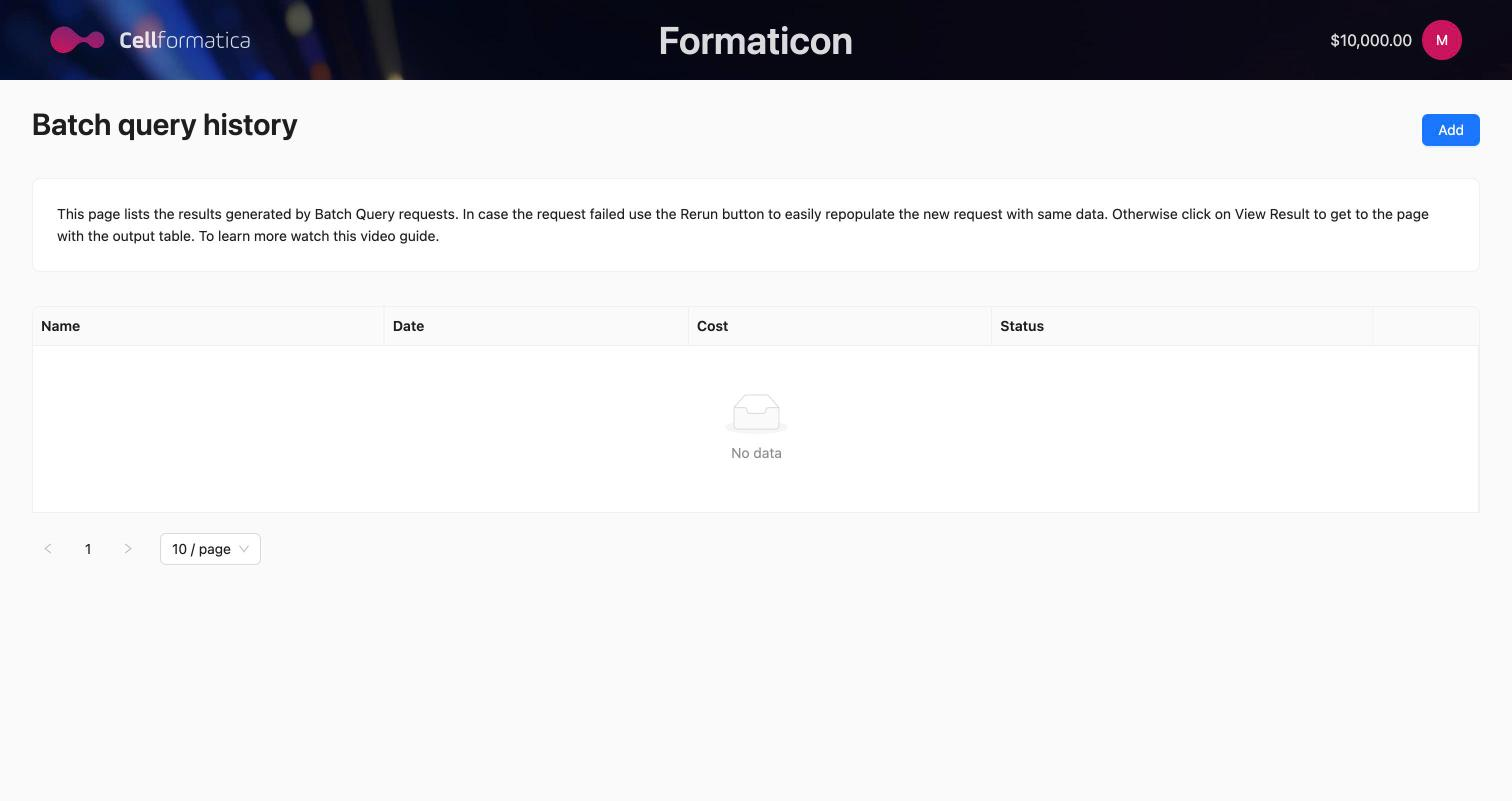 The Bioscientist Task History page showing the task list table with Name, Date, Cost, and Status columns.