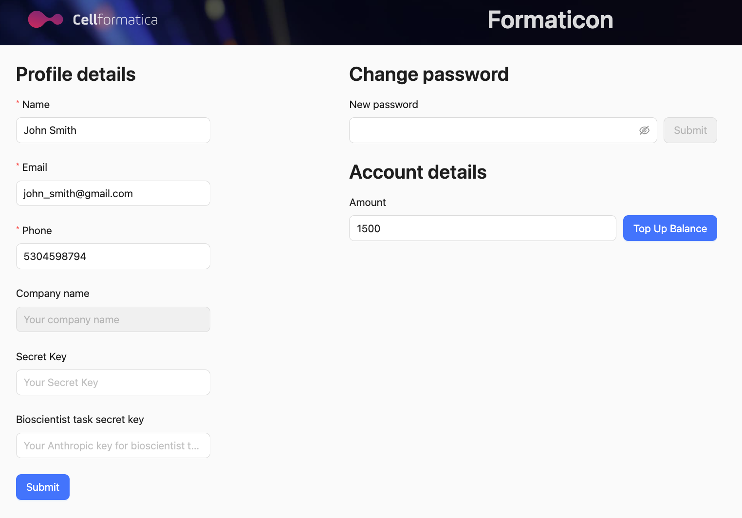 The Formaticon login modal with email and password fields.