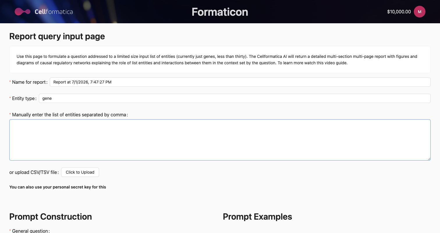 The Detailed Report input form showing the research question and gene list fields.